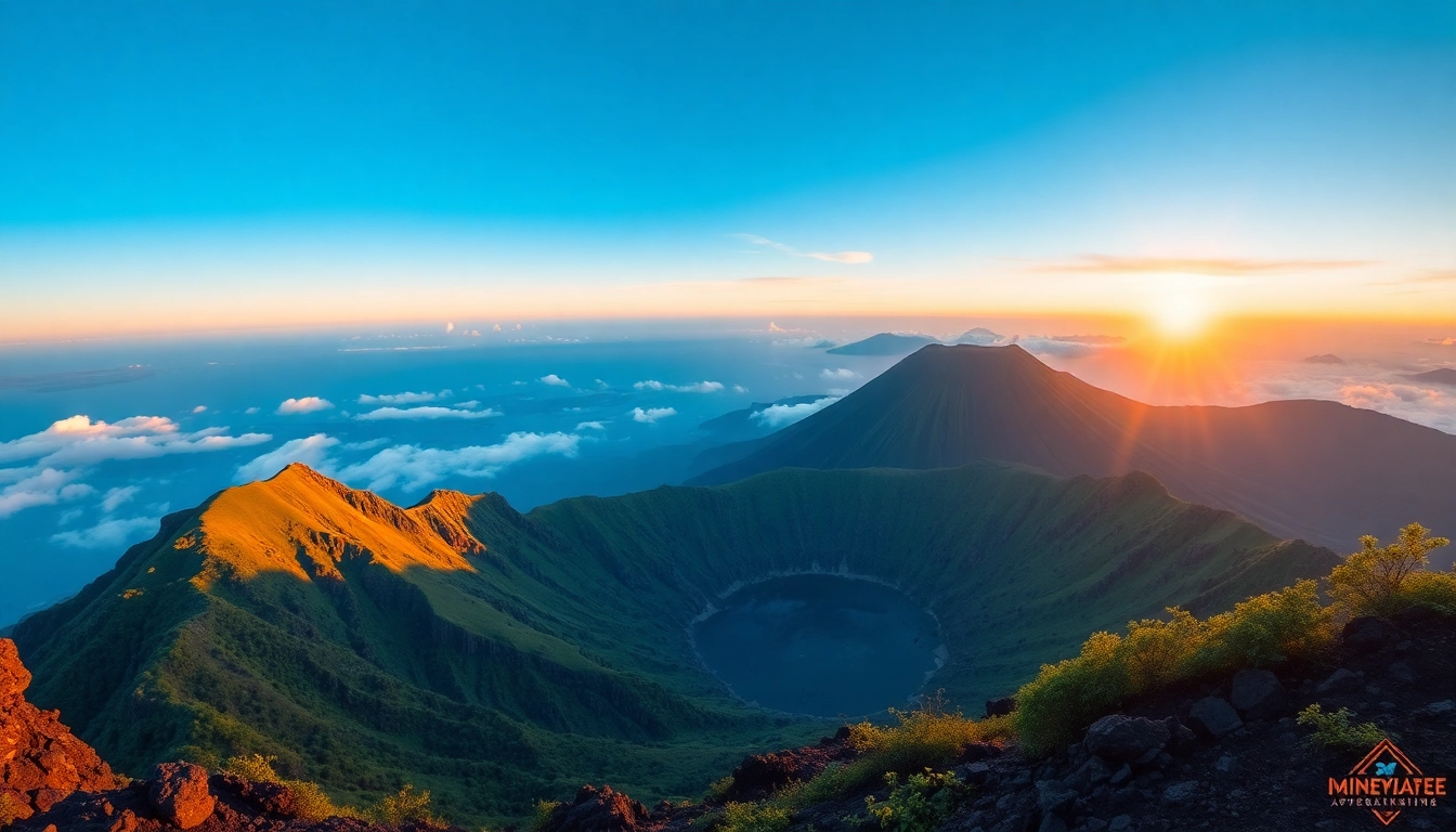 Climber ascending Mt. Rinjani's volcanic slopes during sunrise, showcasing scenic natural beauty and rugged terrain.