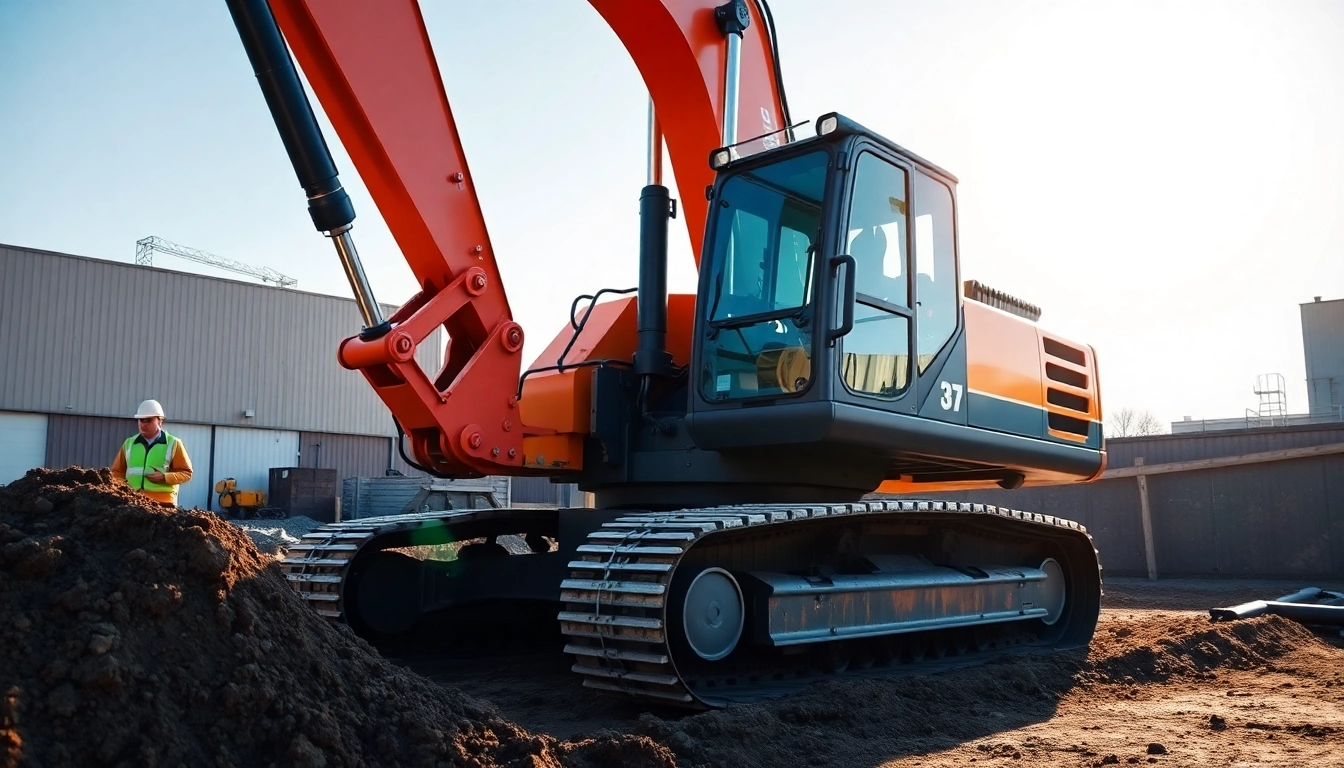 Efficient excavator rental service on a busy construction site with modern equipment in action, emphasizing versatility and reliability.