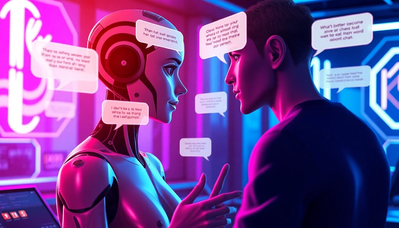 Futuristic digital scene of an adult AI chat with vibrant neon colors and immersive interaction