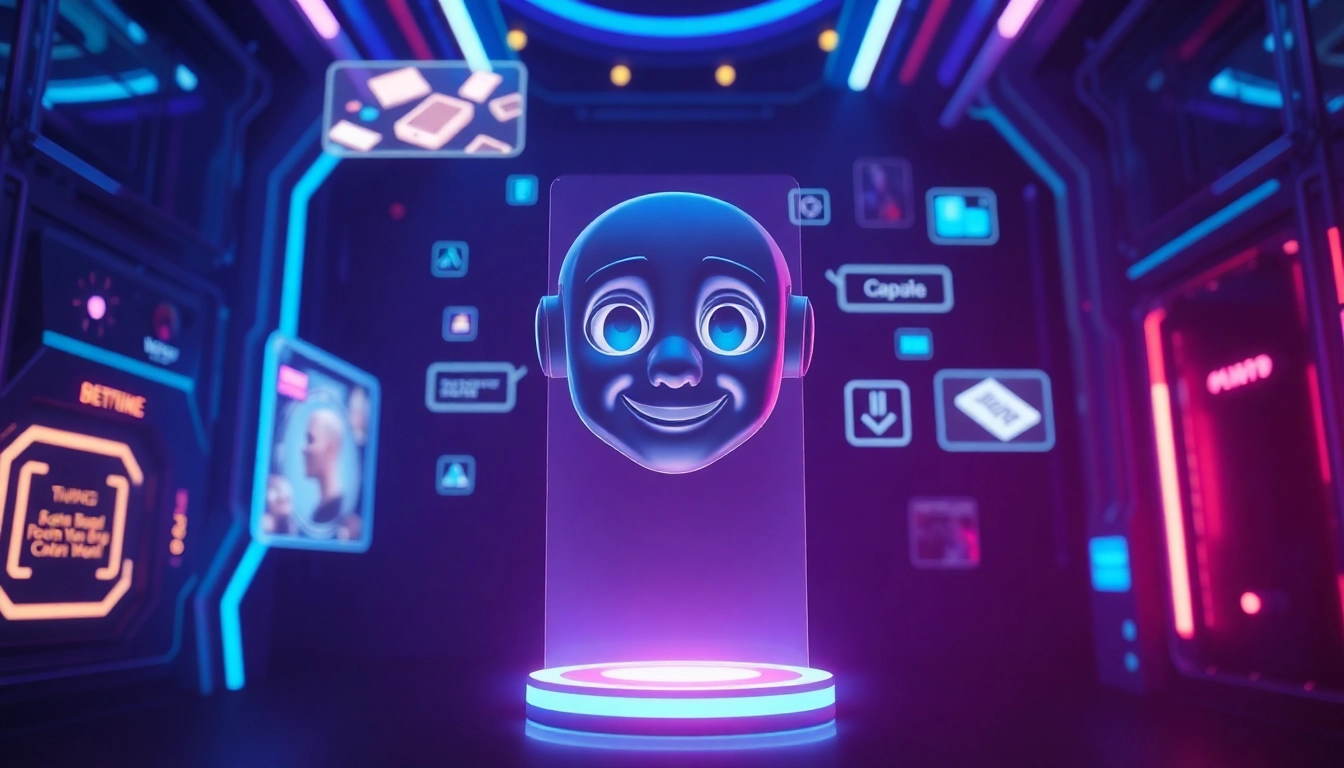 A futuristic AI interface with a holographic character projection in a neon-lit room.