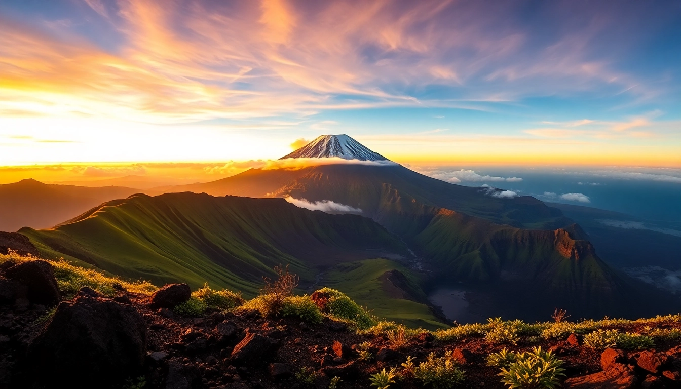 Sunrise over Mount Rinjani with lush slopes and rugged crater rim, capturing natural beauty and adventure spirit.
