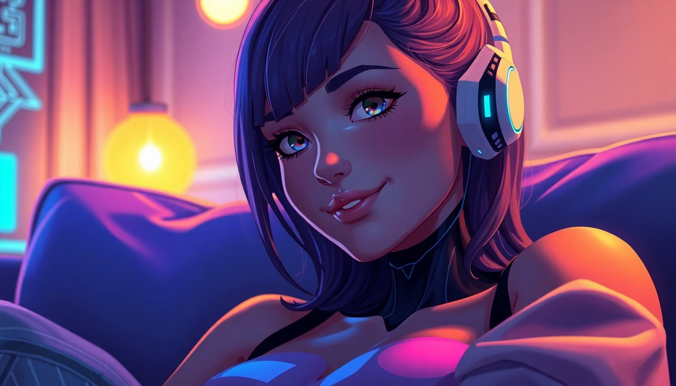 An AI character with a playful expression seated in a cozy, warmly lit room with holographic visuals and technological details.