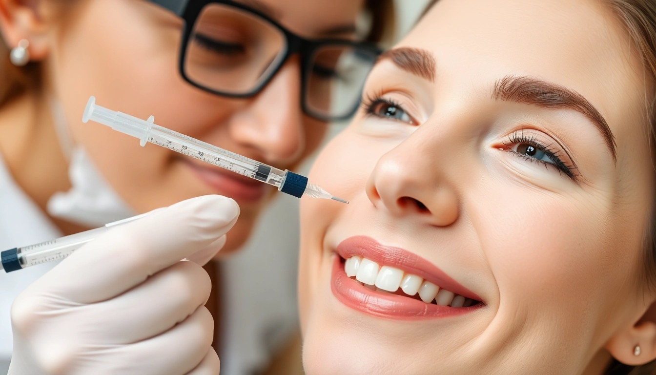 Botox Behandlung: Medical professional performs a precise wrinkle reduction injection on a patient’s face to smoothen skin.