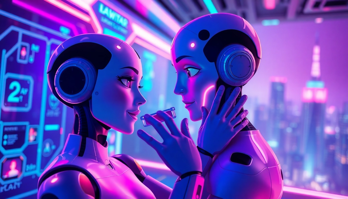 Futuristic AI character interacting in a neon-lit digital environment with holographic interfaces.