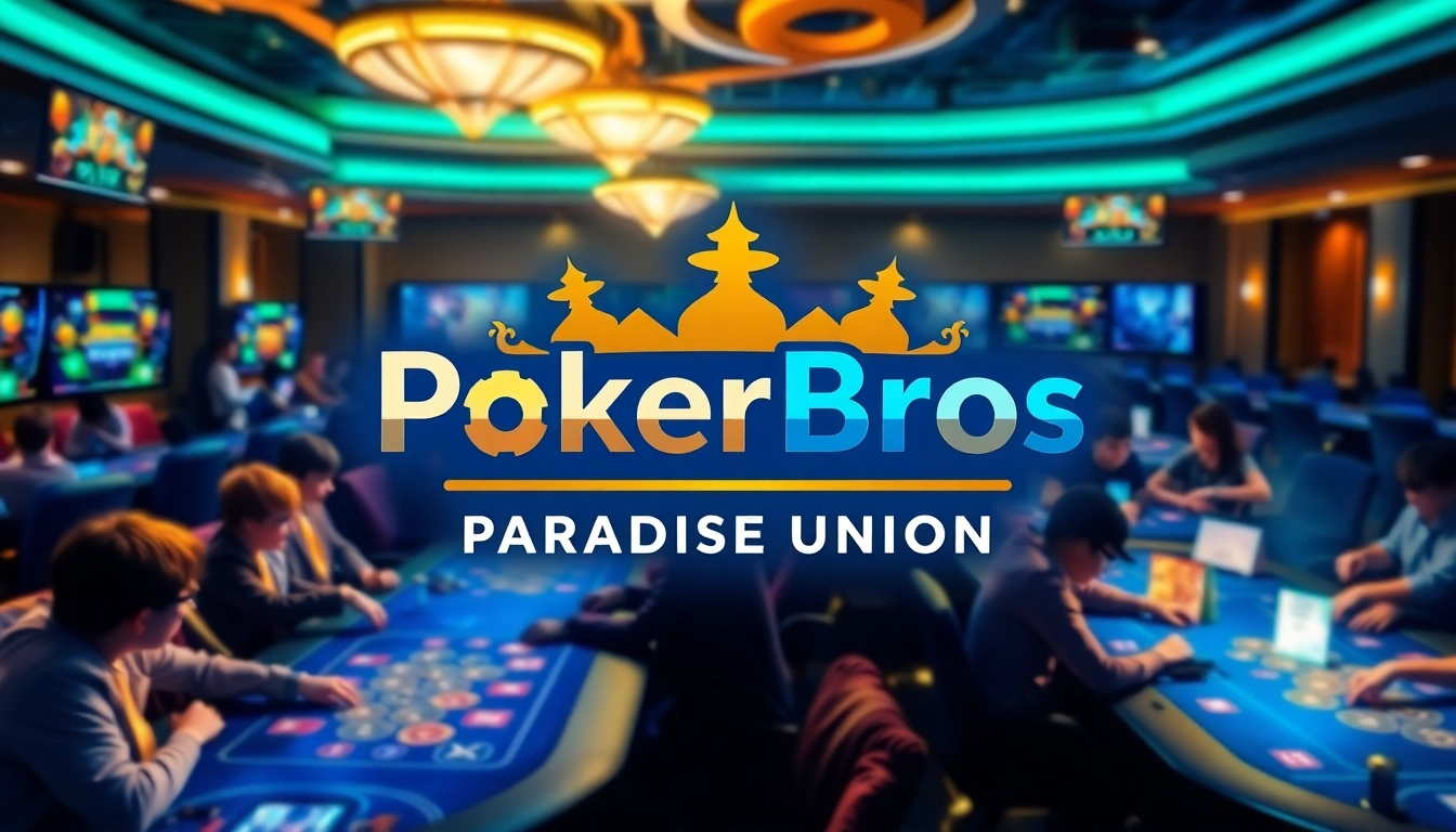 Dynamic scene showcasing Pokerbros Paradise Union with active online poker tables and engaged players, emphasizing a lively gaming community.