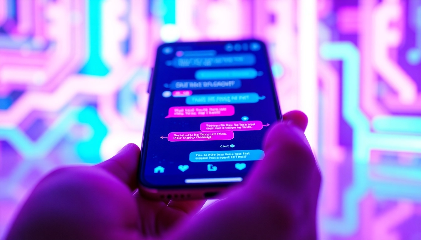 Close-up of a smartphone displaying a vibrant AI chat interface with colorful conversation bubbles in a neon-lit cyberpunk style.