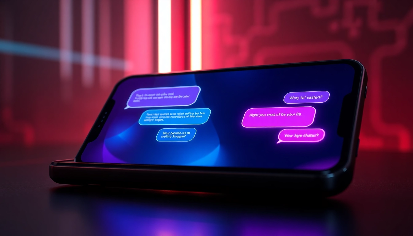 An illustration of a high-tech device displaying a lively chat conversation with colorful speech bubbles, set in a modern, neon-lit environment that conveys digital intimacy and futuristic AI interaction.