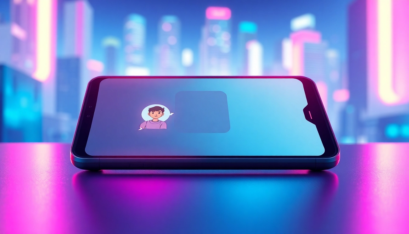 Futuristic digital chat interface on a sleek device with neon cityscape in the background, emphasizing AI interaction and personalization.