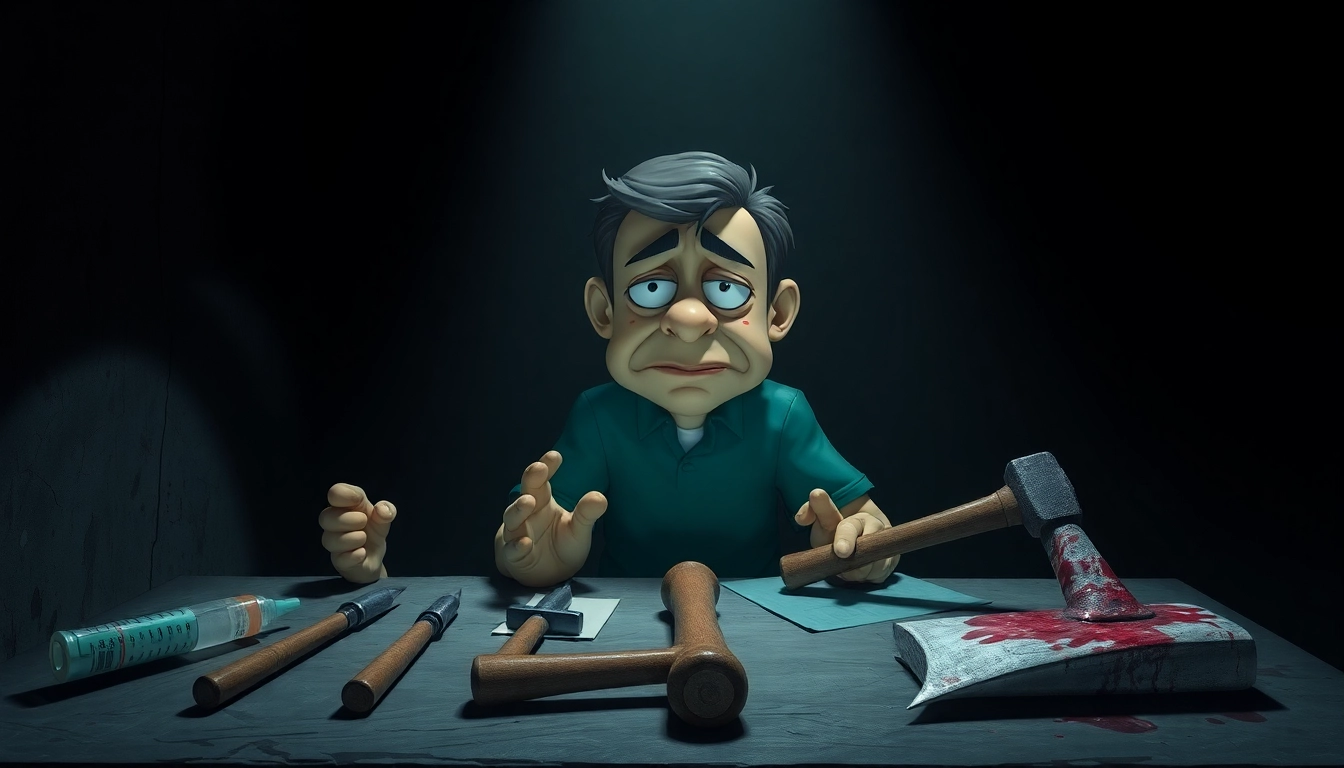 A distressed character named Harvey surrounded by increasingly violent tools, in a dark and unsettling room.