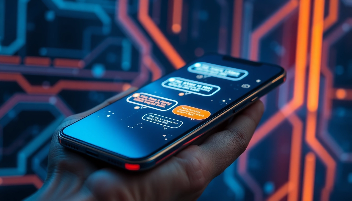 Close-up of a smartphone displaying a vibrant AI chatbot conversation with neon accents and digital background.