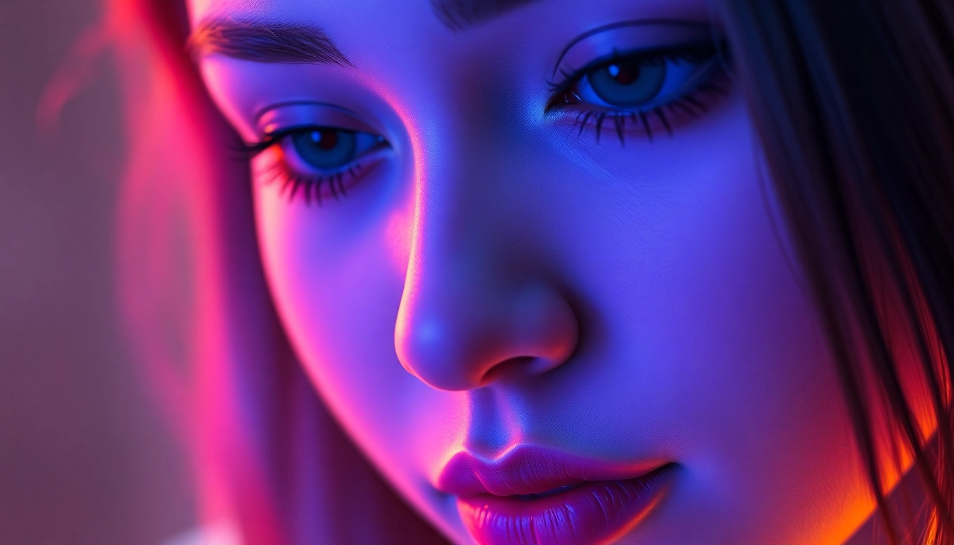 AI girlfriend engaging in an immersive digital chat with realistic expressions and ambient neon background for enhanced intimacy and connection.