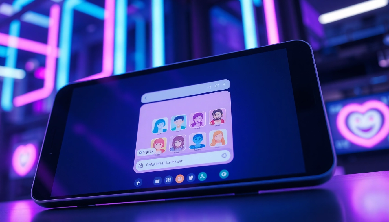 Futuristic AI chatbot interface with customizable characters on a high-tech screen, glowing neon lights, and a lively digital environment.