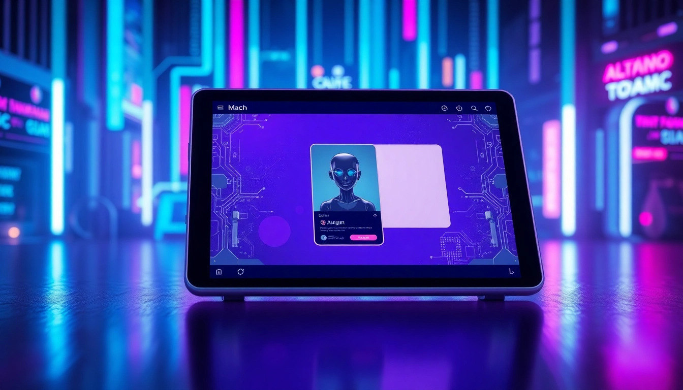 A futuristic AI chat interface on a tablet with vibrant neon colors and a digital character avatar.