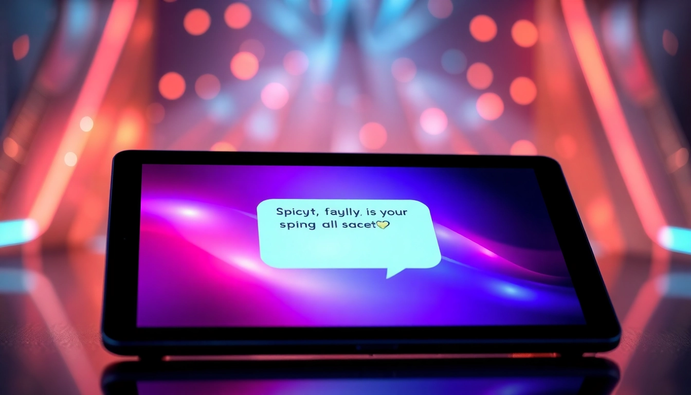 Futuristic digital chat interface on a tablet with flirtatious conversation, glowing holograms, and seductive colors.