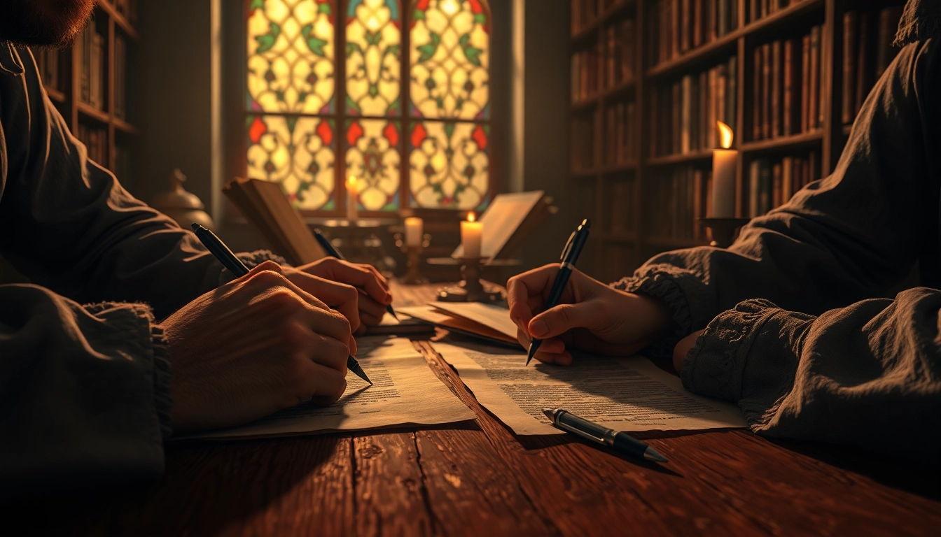 Vintage scene of scholars in a dimly lit study with old papers and books, illustrating the historical origins of the word "smut."