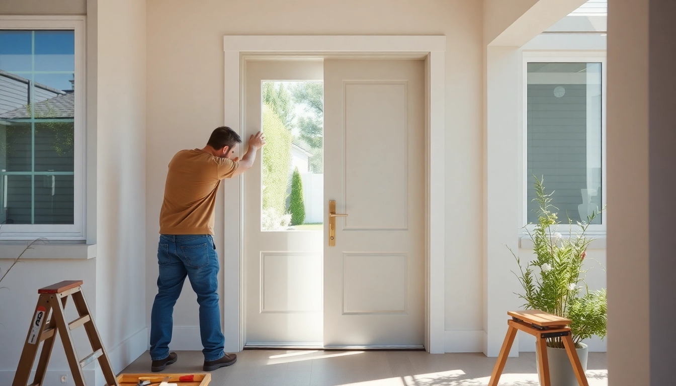 Front door replacement: installer fitting a modern exterior door in a sunlit entryway