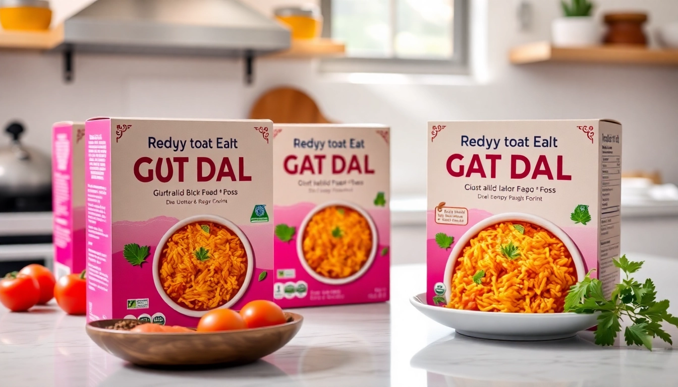 Ready to Eat Gujarati Dal packaging with fresh ingredients, highlighting convenience and